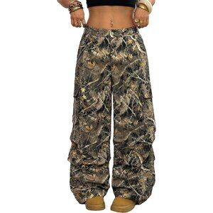 Women's Camo Print Cargo Pants - Soft Baggy Trousers with Elastic Waist